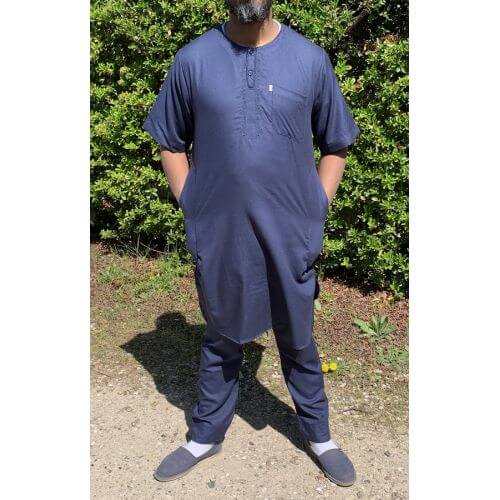 Qamis Pakistanais sans Col, Manche Courte - Tissu Coton Bleu Nuit - Qamis Court + Pantalon - Afaq