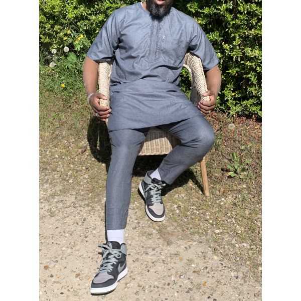 Qamis Pakistanais sans Col, Manche Courte - Tissu Coton Anthracite - Qamis Court + Pantalon - Afaq