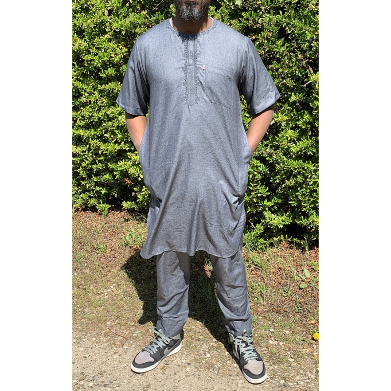 Qamis Pakistanais sans Col, Manche Courte - Tissu Coton Anthracite - Qamis Court + Pantalon - Afaq