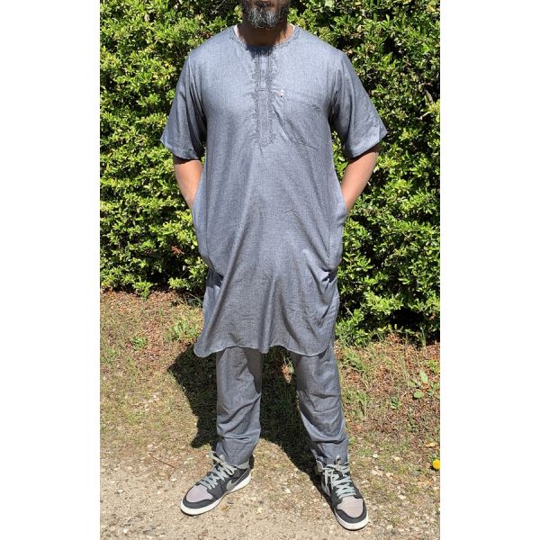 Qamis Pakistanais sans Col, Manche Courte - Tissu Coton Anthracite - Qamis Court + Pantalon - Afaq