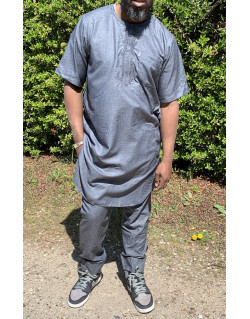 Qamis Pakistanais sans Col, Manche Courte - Tissu Coton Anthracite - Qamis Court + Pantalon - Afaq
