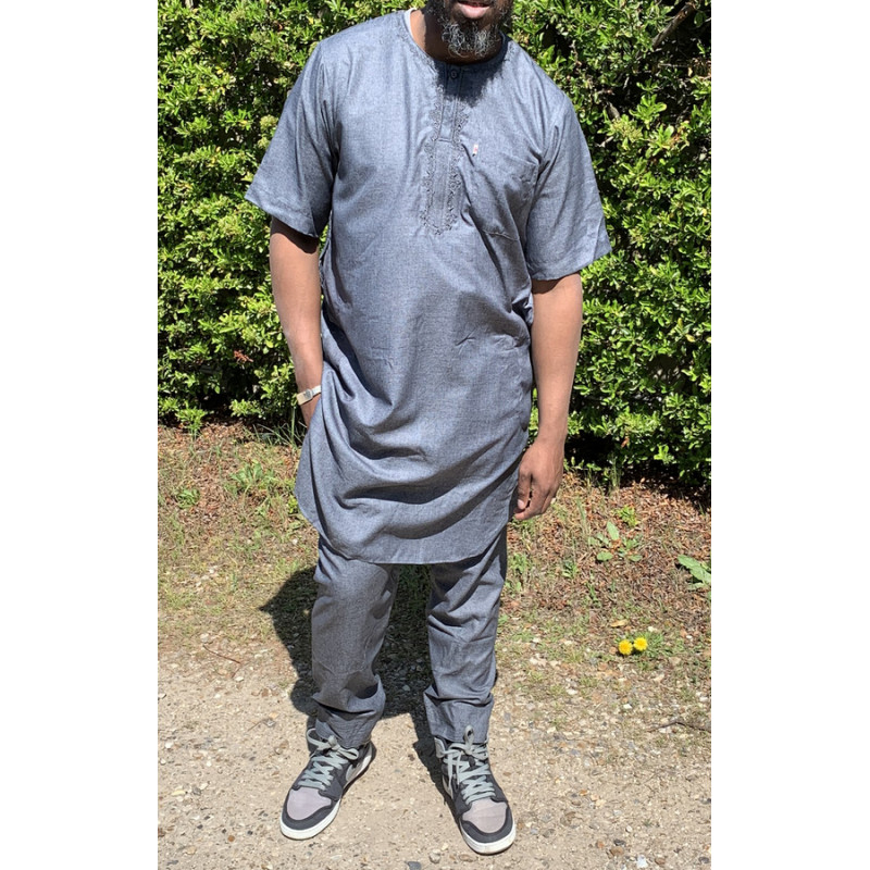 Qamis Pakistanais sans Col, Manche Courte - Tissu Coton Anthracite - Qamis Court + Pantalon - Afaq