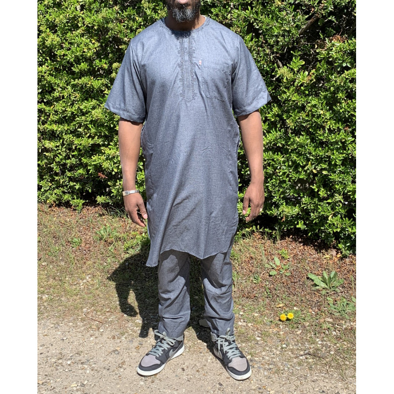 Qamis Pakistanais sans Col, Manche Courte - Tissu Coton Anthracite - Qamis Court + Pantalon - Afaq