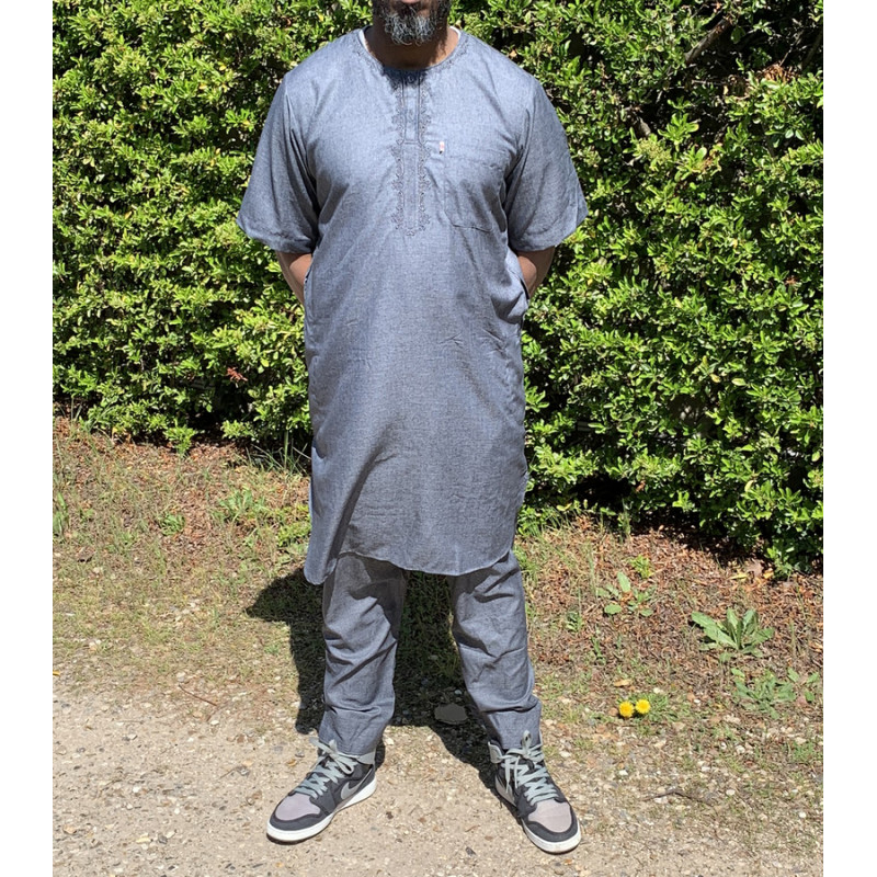 Qamis Pakistanais sans Col, Manche Courte - Tissu Coton Anthracite - Qamis Court + Pantalon - Afaq