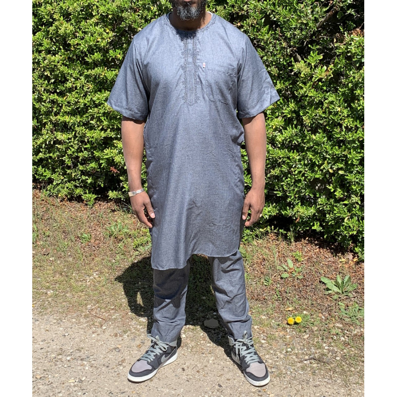 Qamis Pakistanais sans Col, Manche Courte - Tissu Coton Anthracite - Qamis Court + Pantalon - Afaq