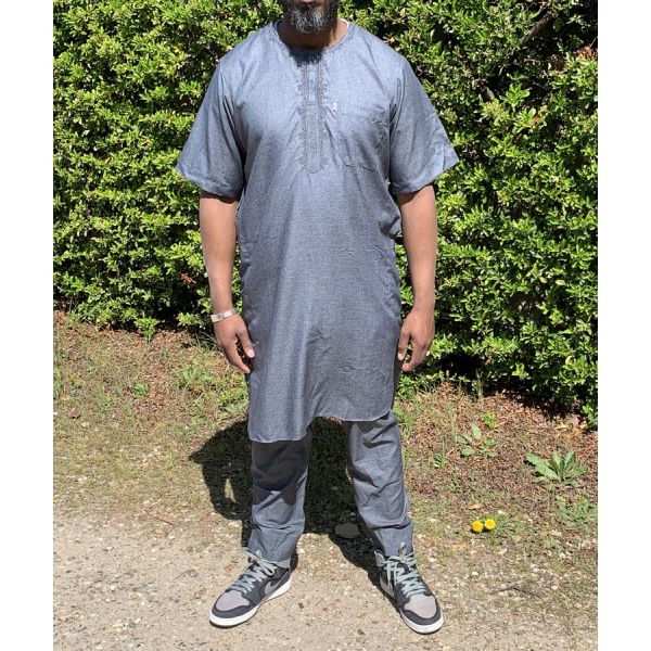 Qamis Pakistanais sans Col, Manche Courte - Tissu Coton Anthracite - Qamis Court + Pantalon - Afaq