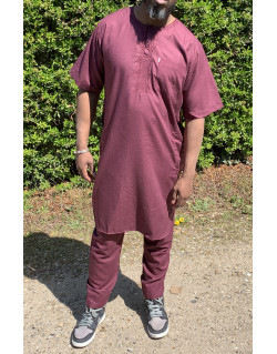 Qamis Pakistanais sans Col, Manche Courte - Tissu Coton Bordeaux - Qamis Court + Pantalon - Afaq