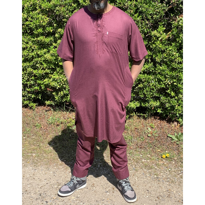 Qamis Pakistanais sans Col, Manche Courte - Tissu Coton Bordeaux - Qamis Court + Pantalon - Afaq