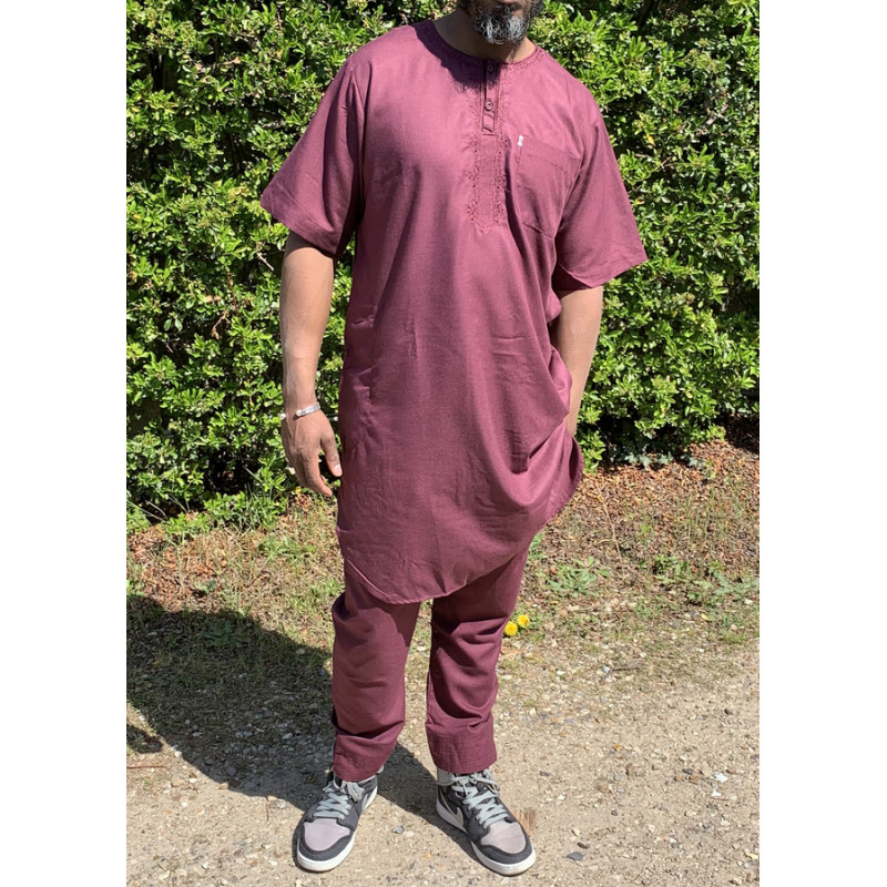 Qamis Pakistanais sans Col, Manche Courte - Tissu Coton Bordeaux - Qamis Court + Pantalon - Afaq