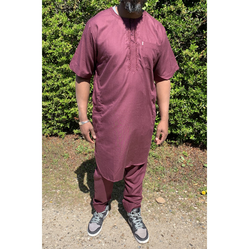 Qamis Pakistanais sans Col, Manche Courte - Tissu Coton Bordeaux - Qamis Court + Pantalon - Afaq