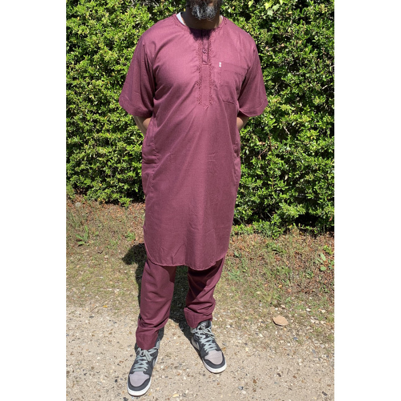 Qamis Pakistanais sans Col, Manche Courte - Tissu Coton Bordeaux - Qamis Court + Pantalon - Afaq