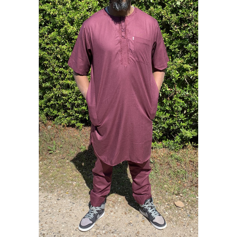 Qamis Pakistanais sans Col, Manche Courte - Tissu Coton Bordeaux - Qamis Court + Pantalon - Afaq