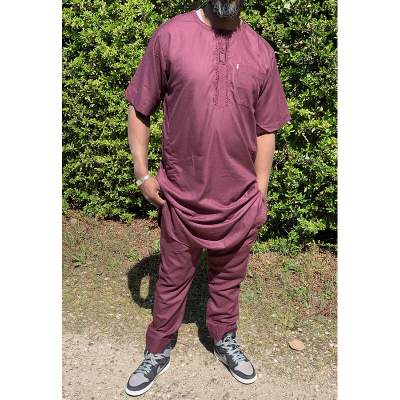 Qamis Pakistanais sans Col, Manche Courte - Tissu Coton Bordeaux - Qamis Court + Pantalon - Afaq