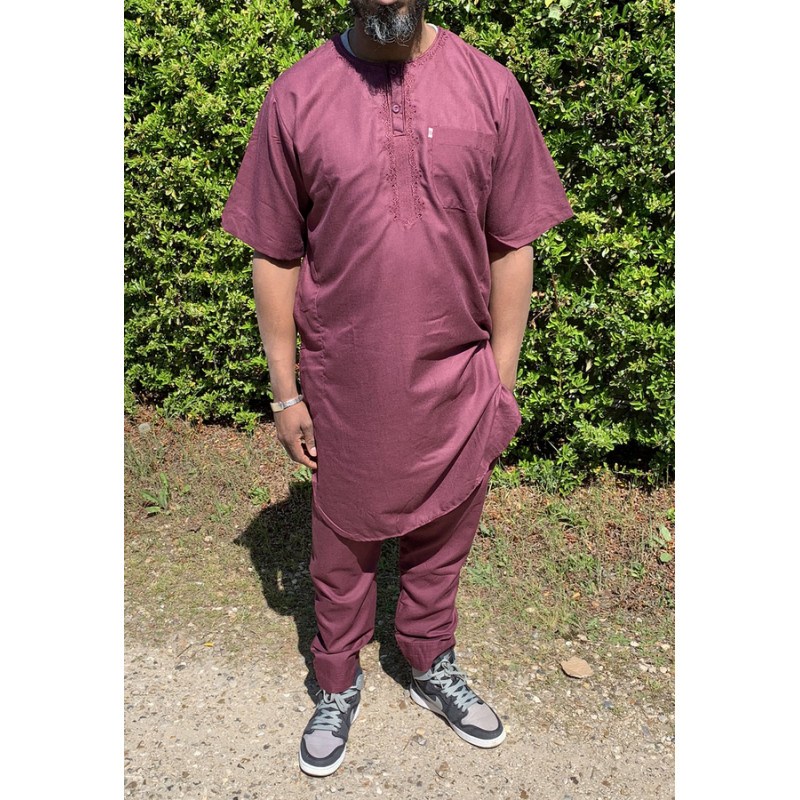 Qamis Pakistanais sans Col, Manche Courte - Tissu Coton Bordeaux - Qamis Court + Pantalon - Afaq