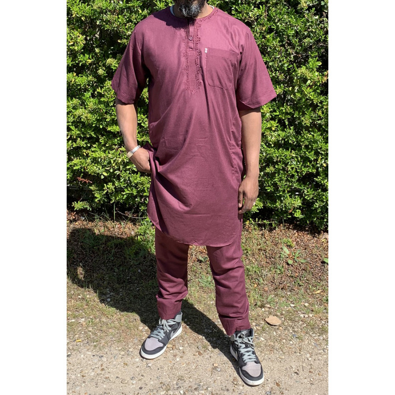 Qamis Pakistanais sans Col, Manche Courte - Tissu Coton Bordeaux - Qamis Court + Pantalon - Afaq