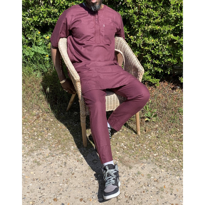 Qamis Pakistanais sans Col, Manche Courte - Tissu Coton Bordeaux - Qamis Court + Pantalon - Afaq