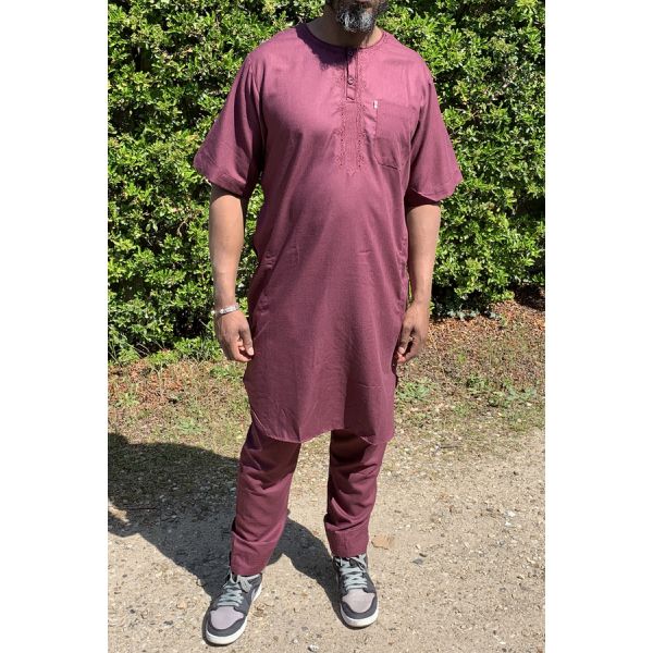 Qamis Pakistanais sans Col, Manche Courte - Tissu Coton Bordeaux - Qamis Court + Pantalon - Afaq
