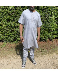 Qamis Pakistanais sans Col, Manche Courte - Tissu Coton Gris Clair - Qamis Court + Pantalon - Afaq