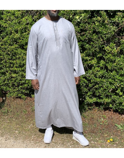 Qamis Long Omani Sans Col - Tissu Coton Gris Clair - Manche Longue Style Ikaf -Afaq