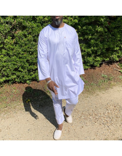 Qamis Pakistanais sans Col, Manche Longue - Tissu Semi Glacé Blanc - Qamis Court + Pantalon - Afaq