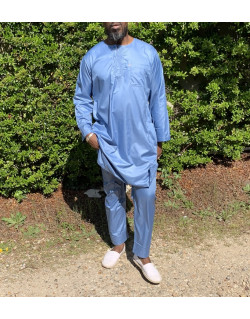 Qamis Pakistanais sans Col, Manche Longue - Tissu Semi Glacé Bleu Pétrole Clair - Qamis Court + Pantalon - Afaq