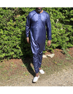 Qamis Pakistanais sans Col, Manche Longue - Tissu Semi Glacé Bleu - Qamis Court + Pantalon - Afaq