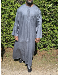 Qamis Long Omani Sans Col - Tissu Coton Anthracite - Manche Longue Style Ikaf -Afaq