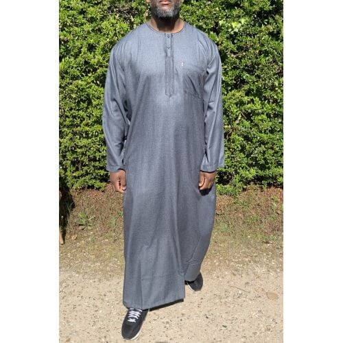 Qamis Long Omani Sans Col - Tissu Coton Anthracite - Manche Longue Style Ikaf -Afaq
