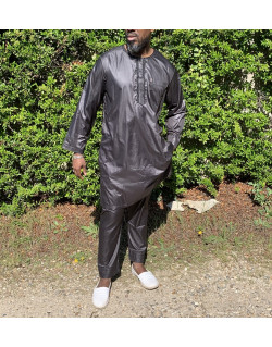 Qamis Pakistanais sans Col, Manche Longue - Tissu Semi Glacé Noir - Qamis Court + Pantalon - Afaq