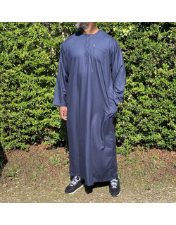 Qamis Long Omani Sans Col - Tissu Coton Bleu Nuit - Manche Longue Style Ikaf -Afaq