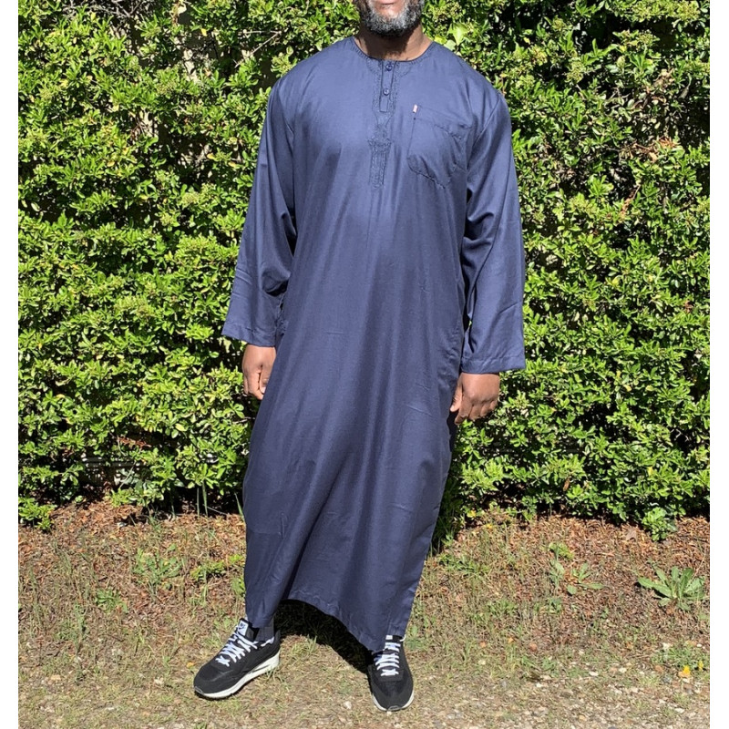 Qamis Long Omani Sans Col - Tissu Coton Bleu Nuit - Manche Longue Style Ikaf -Afaq Qamis Long Omani Sans Col - Tissu Coton Bleu Nuit - Manche Longue Style Ikaf -Afaq