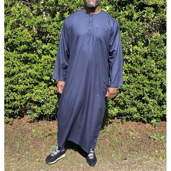 Qamis Long Omani Sans Col - Tissu Coton Bleu Nuit - Manche Longue Style Ikaf -Afaq