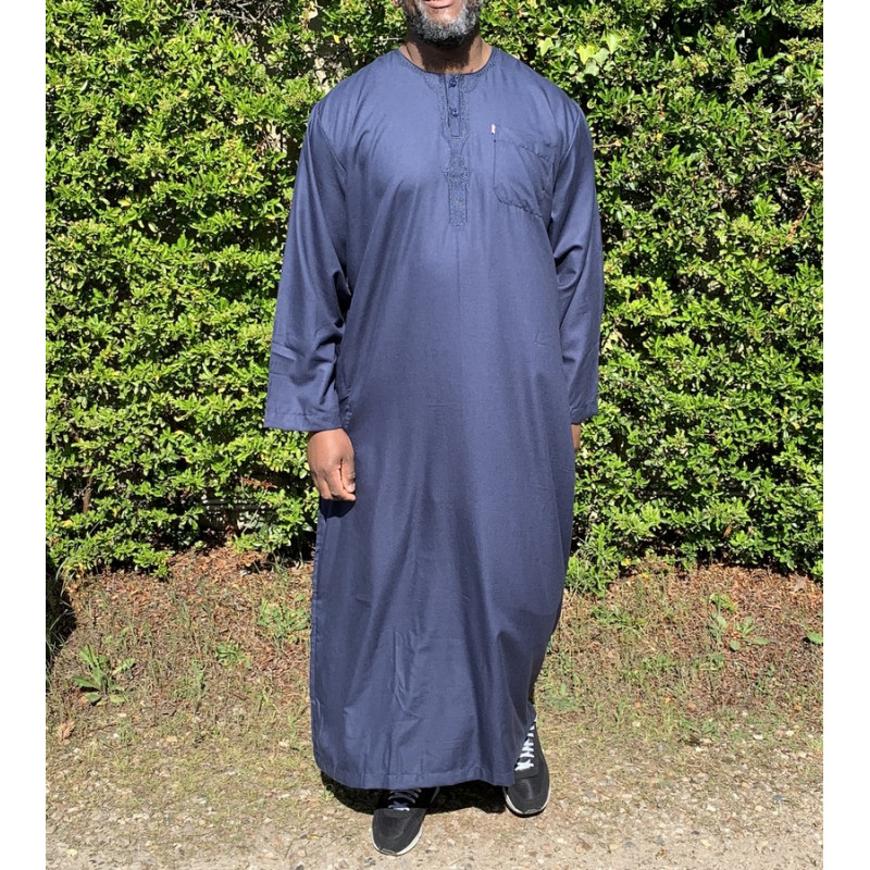 Qamis Long Omani Sans Col - Tissu Coton Bleu Nuit - Manche Longue Style Ikaf -Afaq Qamis Long Omani Sans Col - Tissu Coton Bleu Nuit - Manche Longue Style Ikaf -Afaq