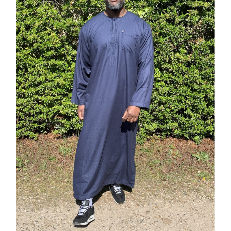Qamis Long Omani Sans Col - Tissu Coton Bleu Nuit - Manche Longue Style Ikaf -Afaq Qamis Long Omani Sans Col - Tissu Coton Bleu Nuit - Manche Longue Style Ikaf -Afaq