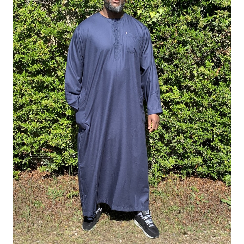 Qamis Long Omani Sans Col - Tissu Coton Bleu Nuit - Manche Longue Style Ikaf -Afaq Qamis Long Omani Sans Col - Tissu Coton Bleu Nuit - Manche Longue Style Ikaf -Afaq
