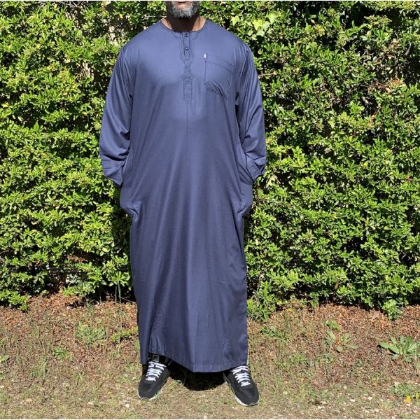 Qamis Long Omani Sans Col - Tissu Coton Bleu Nuit - Manche Longue Style Ikaf -Afaq