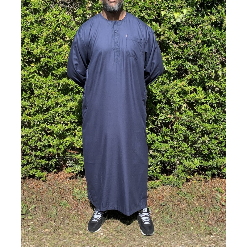 Qamis Long Omani Sans Col - Tissu Coton Bleu Nuit - Manche Longue Style Ikaf -Afaq Qamis Long Omani Sans Col - Tissu Coton Bleu Nuit - Manche Longue Style Ikaf -Afaq