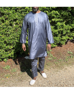Qamis Pakistanais sans Col, Manche Longue - Tissu Semi Glacé Anthracite - Qamis Court + Pantalon - Afaq
