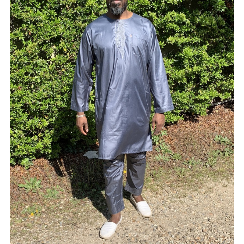 Qamis Pakistanais sans Col, Manche Longue - Tissu Semi Glacé Anthracite - Qamis Court + Pantalon - Afaq Qamis Pakistanais sans Col, Manche Longue - Tissu Semi Glacé Anthracite - Qamis Court + Pantalon - Afaq
