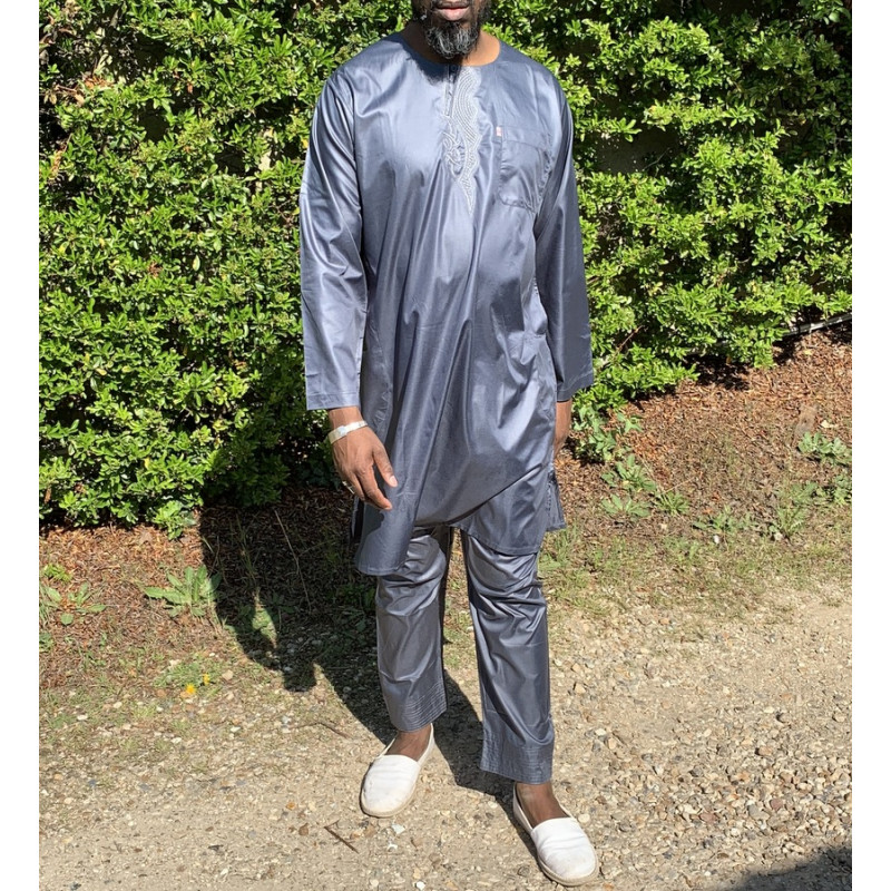 Qamis Pakistanais sans Col, Manche Longue - Tissu Semi Glacé Anthracite - Qamis Court + Pantalon - Afaq Qamis Pakistanais sans Col, Manche Longue - Tissu Semi Glacé Anthracite - Qamis Court + Pantalon - Afaq