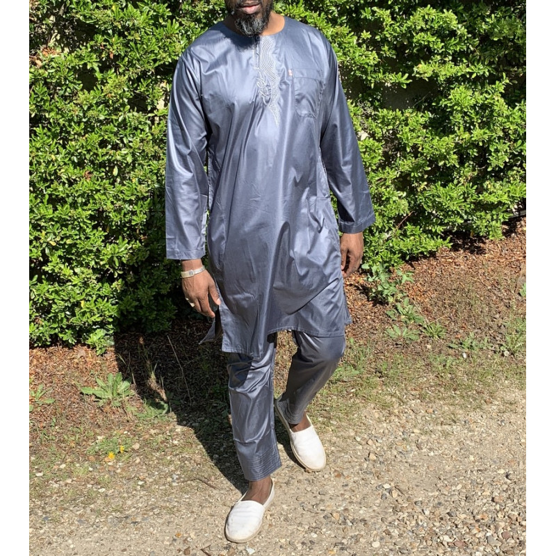 Qamis Pakistanais sans Col, Manche Longue - Tissu Semi Glacé Anthracite - Qamis Court + Pantalon - Afaq Qamis Pakistanais sans Col, Manche Longue - Tissu Semi Glacé Anthracite - Qamis Court + Pantalon - Afaq