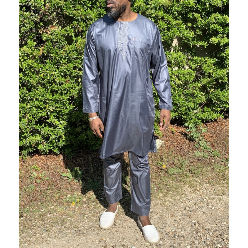 Qamis Pakistanais sans Col, Manche Longue - Tissu Semi Glacé Anthracite - Qamis Court + Pantalon - Afaq