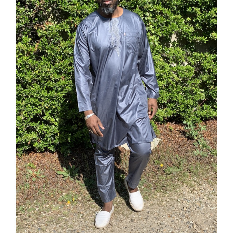 Qamis Pakistanais sans Col, Manche Longue - Tissu Semi Glacé Anthracite - Qamis Court + Pantalon - Afaq Qamis Pakistanais sans Col, Manche Longue - Tissu Semi Glacé Anthracite - Qamis Court + Pantalon - Afaq