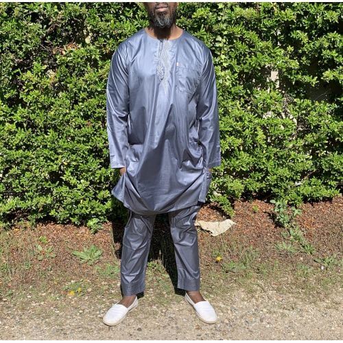 Qamis Pakistanais sans Col, Manche Longue - Tissu Semi Glacé Anthracite - Qamis Court + Pantalon - Afaq Qamis Pakistanais sans Col, Manche Longue - Tissu Semi Glacé Anthracite - Qamis Court + Pantalon - Afaq