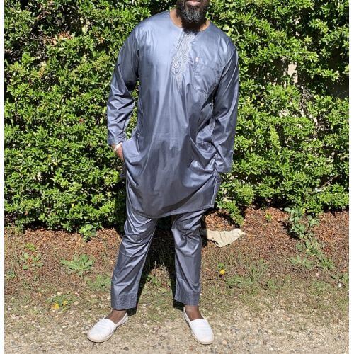 Qamis Pakistanais sans Col, Manche Longue - Tissu Semi Glacé Anthracite - Qamis Court + Pantalon - Afaq Qamis Pakistanais sans Col, Manche Longue - Tissu Semi Glacé Anthracite - Qamis Court + Pantalon - Afaq
