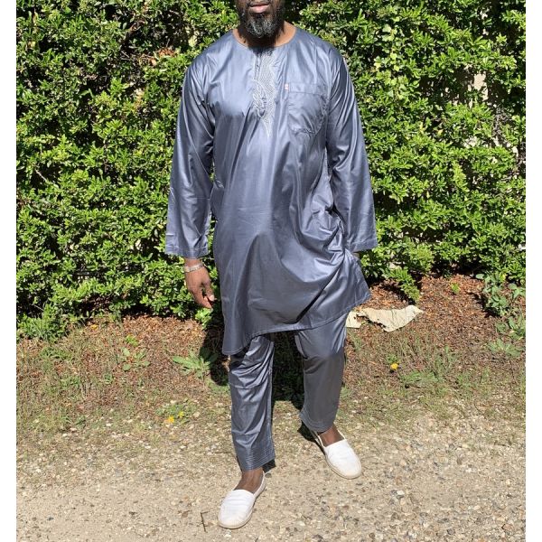 Qamis Pakistanais sans Col, Manche Longue - Tissu Semi Glacé Anthracite - Qamis Court + Pantalon - Afaq