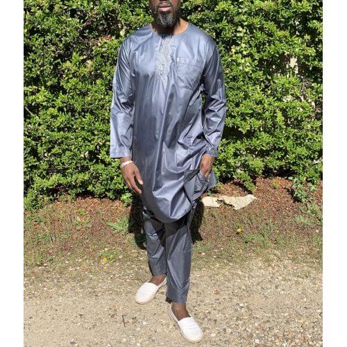 Qamis Pakistanais sans Col, Manche Longue - Tissu Semi Glacé Anthracite - Qamis Court + Pantalon - Afaq Qamis Pakistanais sans Col, Manche Longue - Tissu Semi Glacé Anthracite - Qamis Court + Pantalon - Afaq