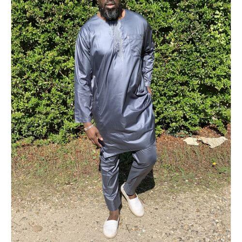 Qamis Pakistanais sans Col, Manche Longue - Tissu Semi Glacé Anthracite - Qamis Court + Pantalon - Afaq Qamis Pakistanais sans Col, Manche Longue - Tissu Semi Glacé Anthracite - Qamis Court + Pantalon - Afaq