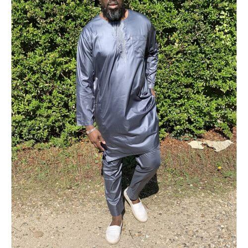 Qamis Pakistanais sans Col, Manche Longue - Tissu Semi Glacé Anthracite - Qamis Court + Pantalon - Afaq