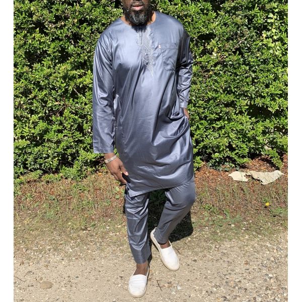 Qamis Pakistanais sans Col, Manche Longue - Tissu Semi Glacé Anthracite - Qamis Court + Pantalon - Afaq